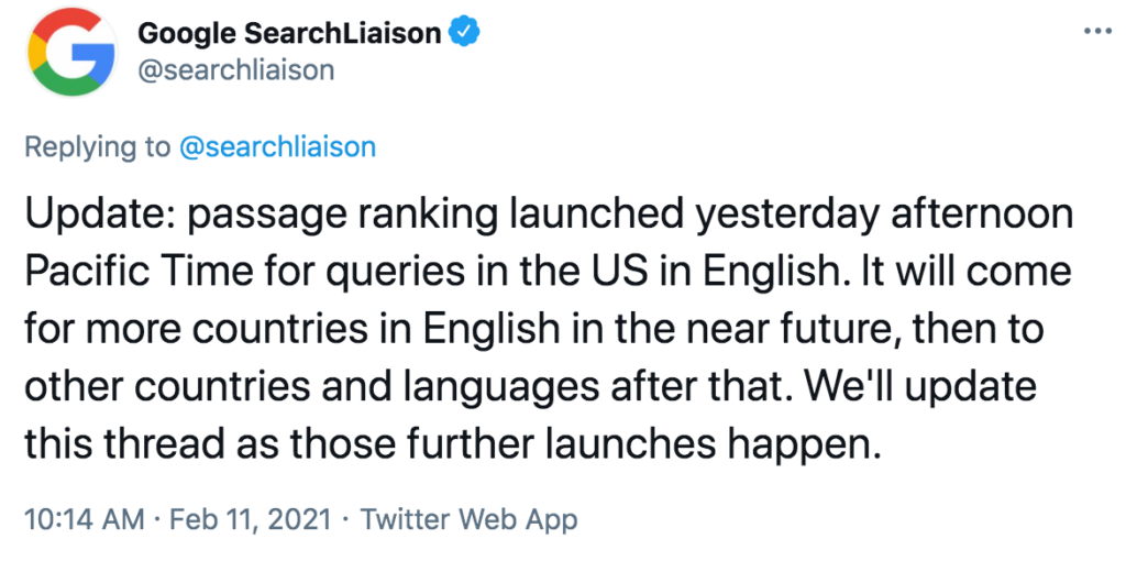 Tweet from Google Search Liaison account confirming passage-based indexing roll out